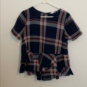 LoveRiche [navy plaid] Blouse w/double Peplum Ruffle